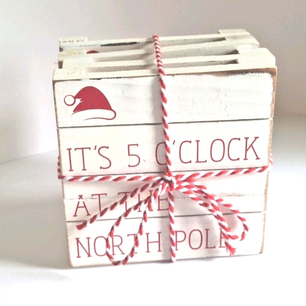 Mudpie 4pc White Wooden Christmas Pallet Coasters Its 5 Oclock At The North Pole